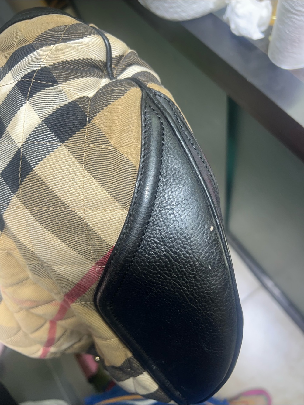 Burberry Beige Check Shoulder Bag with Black Leather Trim and Red Accent - Picture 13 of 15